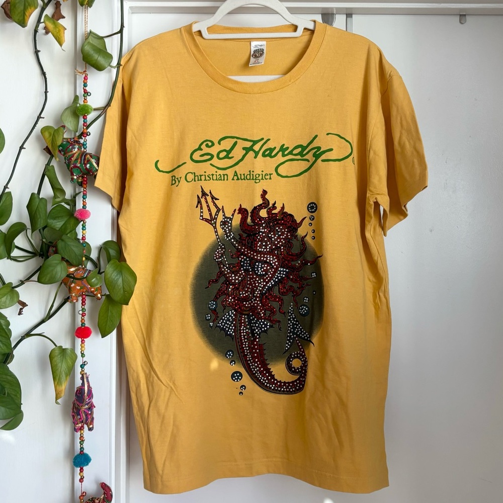 Vintage Ed Hardy Rhinestone Mermaid Short Sleeve Graphic T Shirt XL
